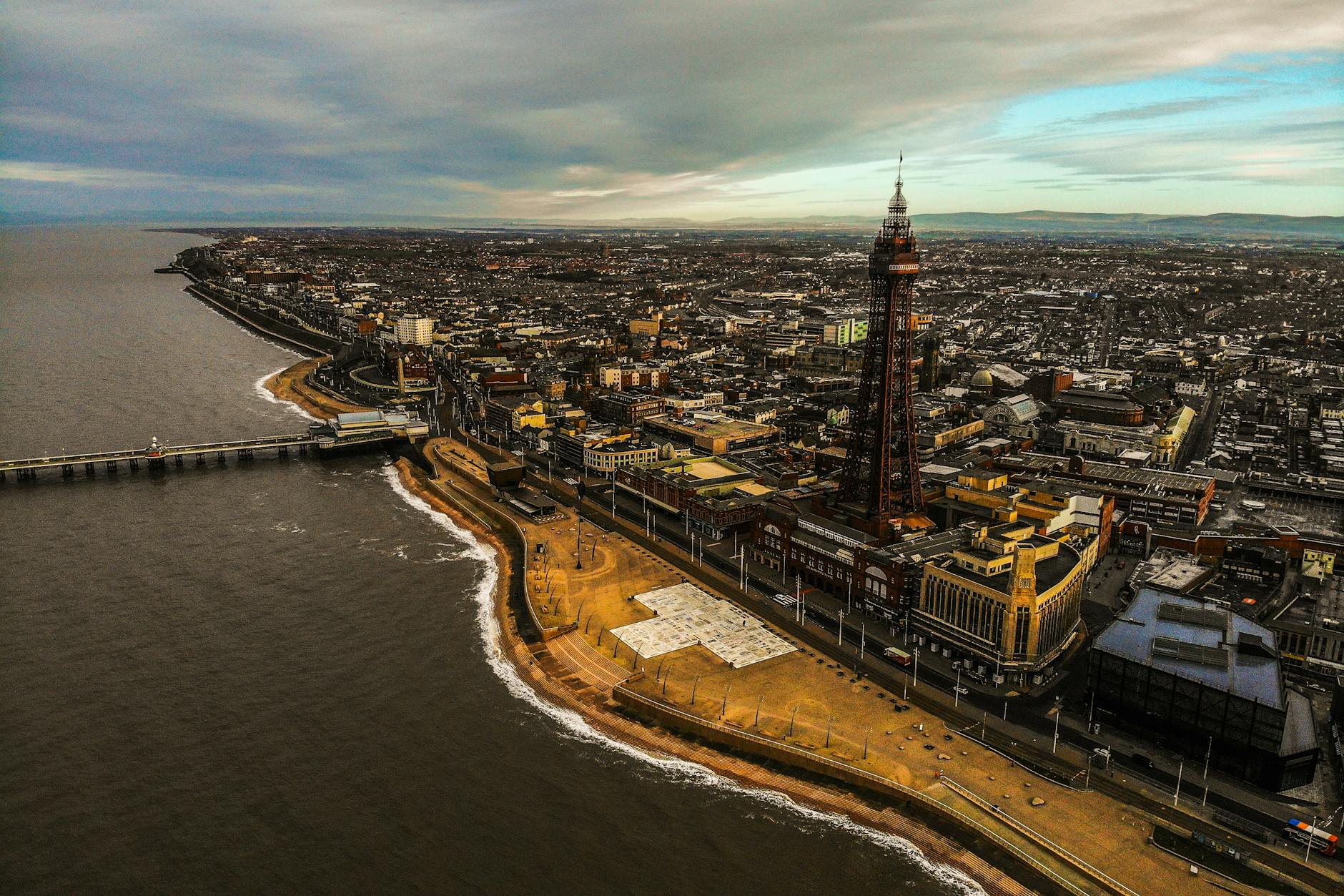 Aerial view of Blackpool Tower and seafront promenade day trip from Manchester