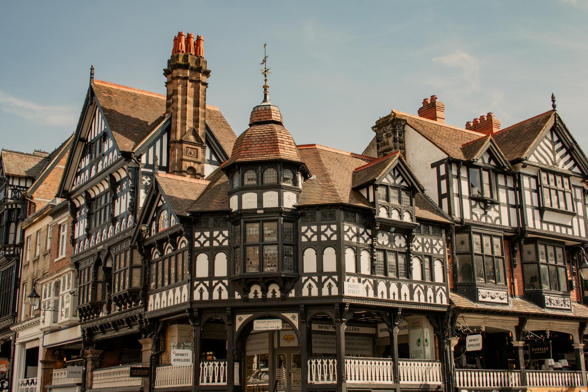 Historic medieval timber-framed buildings in Chester on a day trip from Manchester