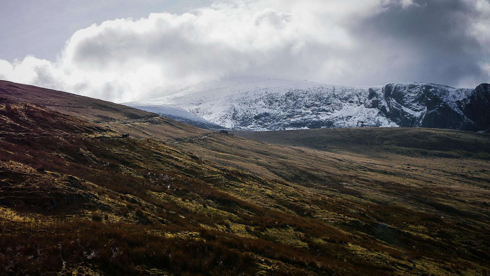 Snow-capped Snowdonia mountains in Wales reachable on a day trip from Manchester