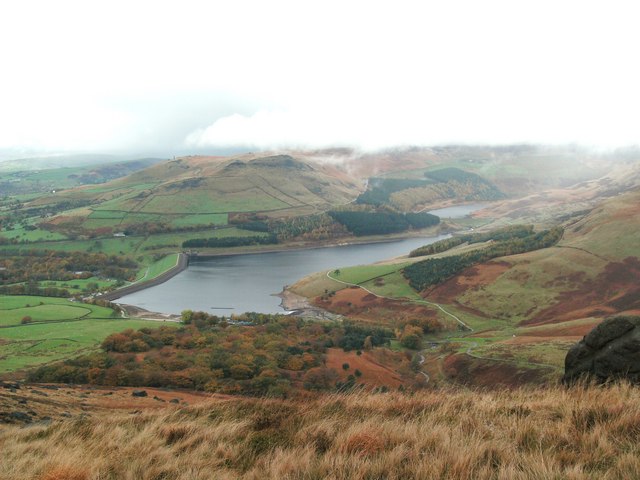 Dovestone Reservoir below autumn moorland and Chew Piece Plantation in the Saddleworth hills
