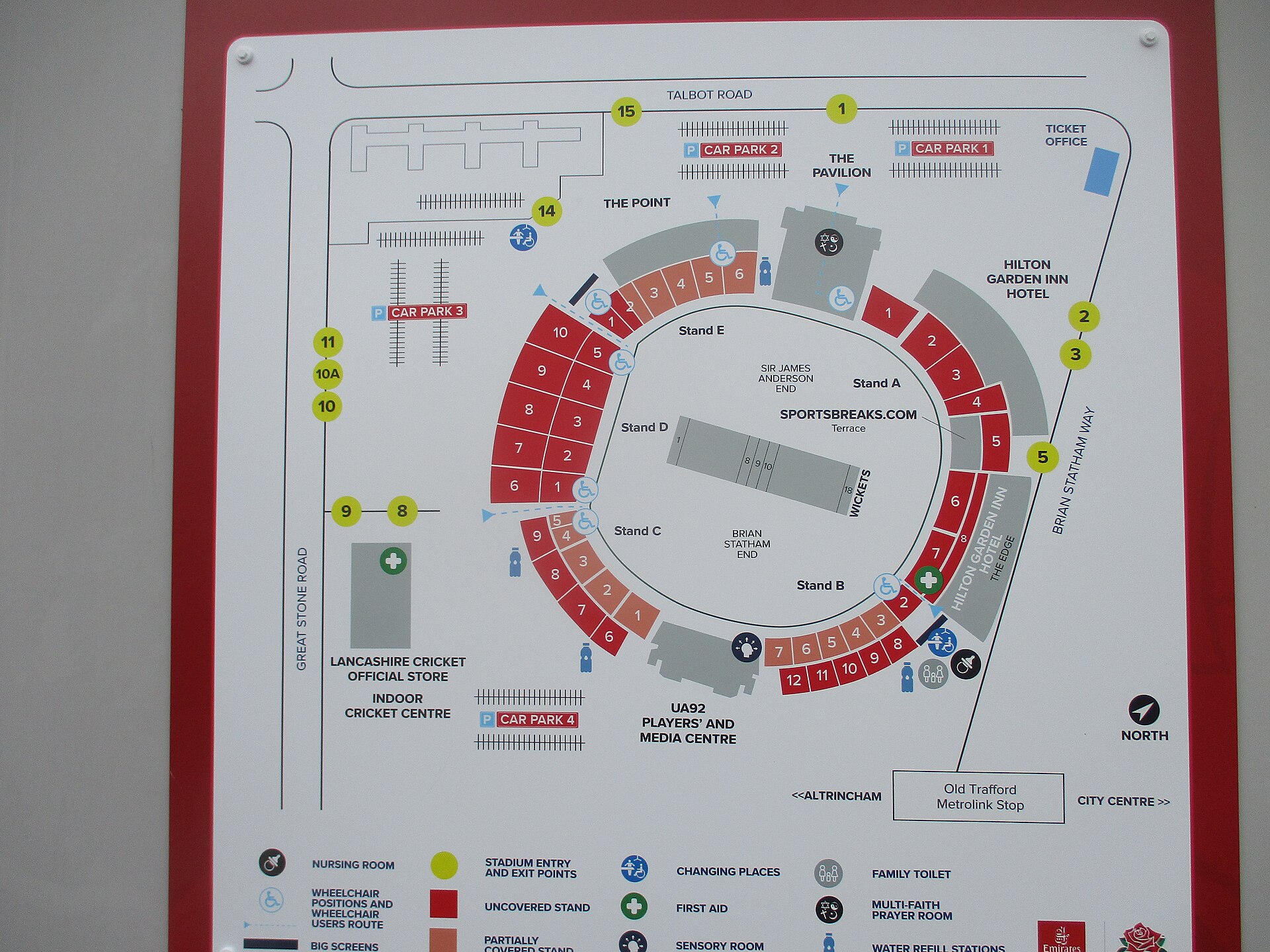 Emirates Old Trafford: Cricket, Concerts & Match Days 3 A ground plan board for Emirates Old Trafford showing the stands, gates, hotel and the Metrolink stop